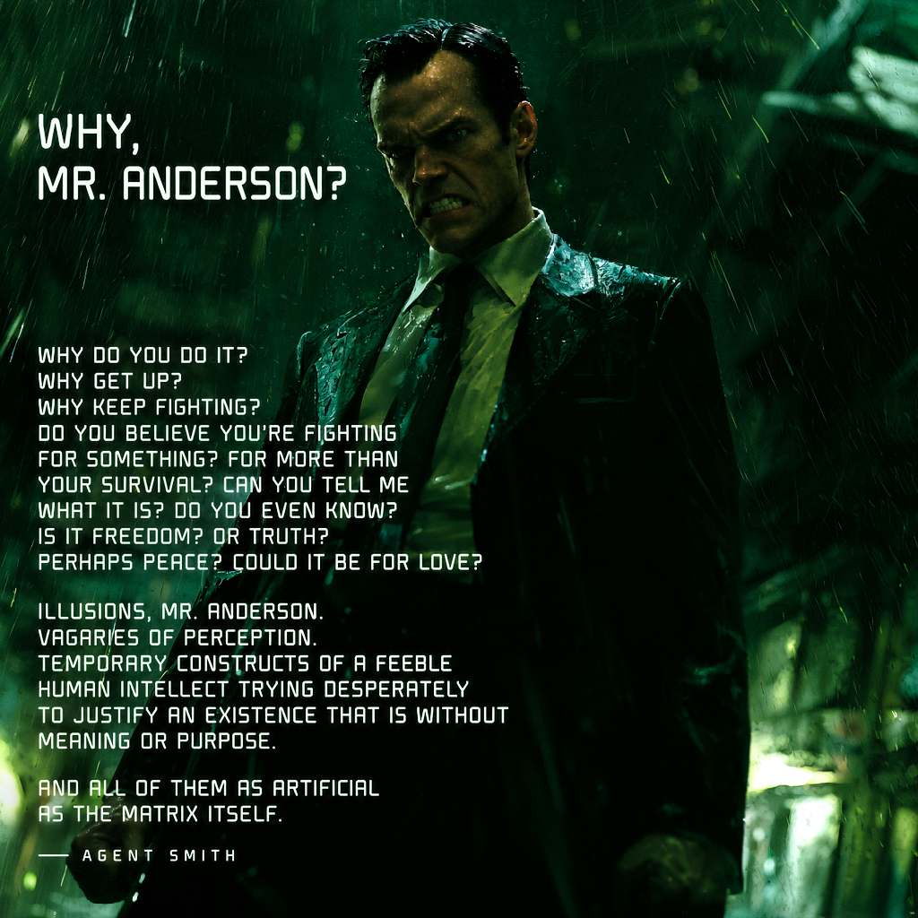 Quote by Agent Smith on Existentialism - "Why do you do it? Do you believe you’re fighting for something?"