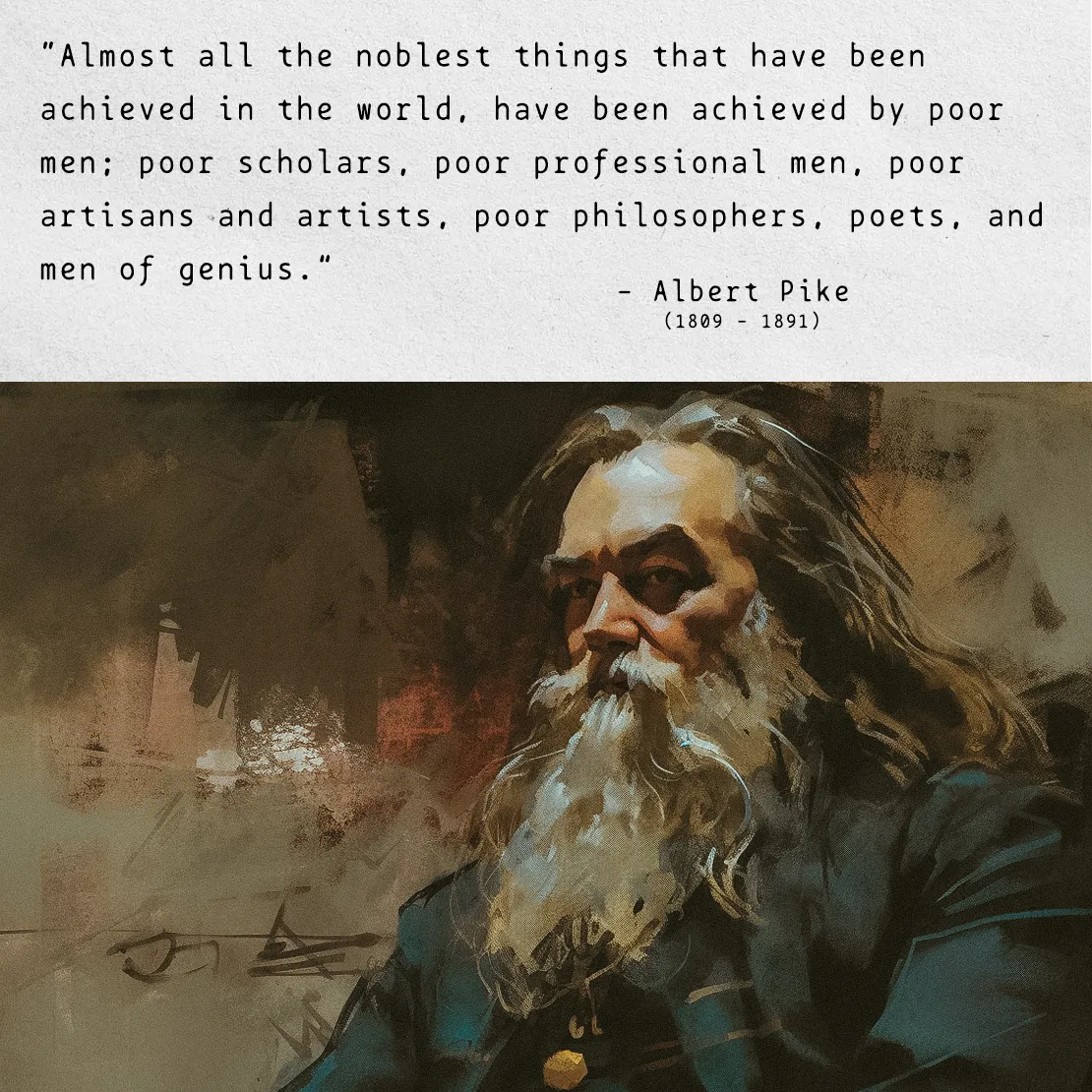 Quote by Albert Pike on Success - "Almost all the noblest things... have been achieved by poor men;"