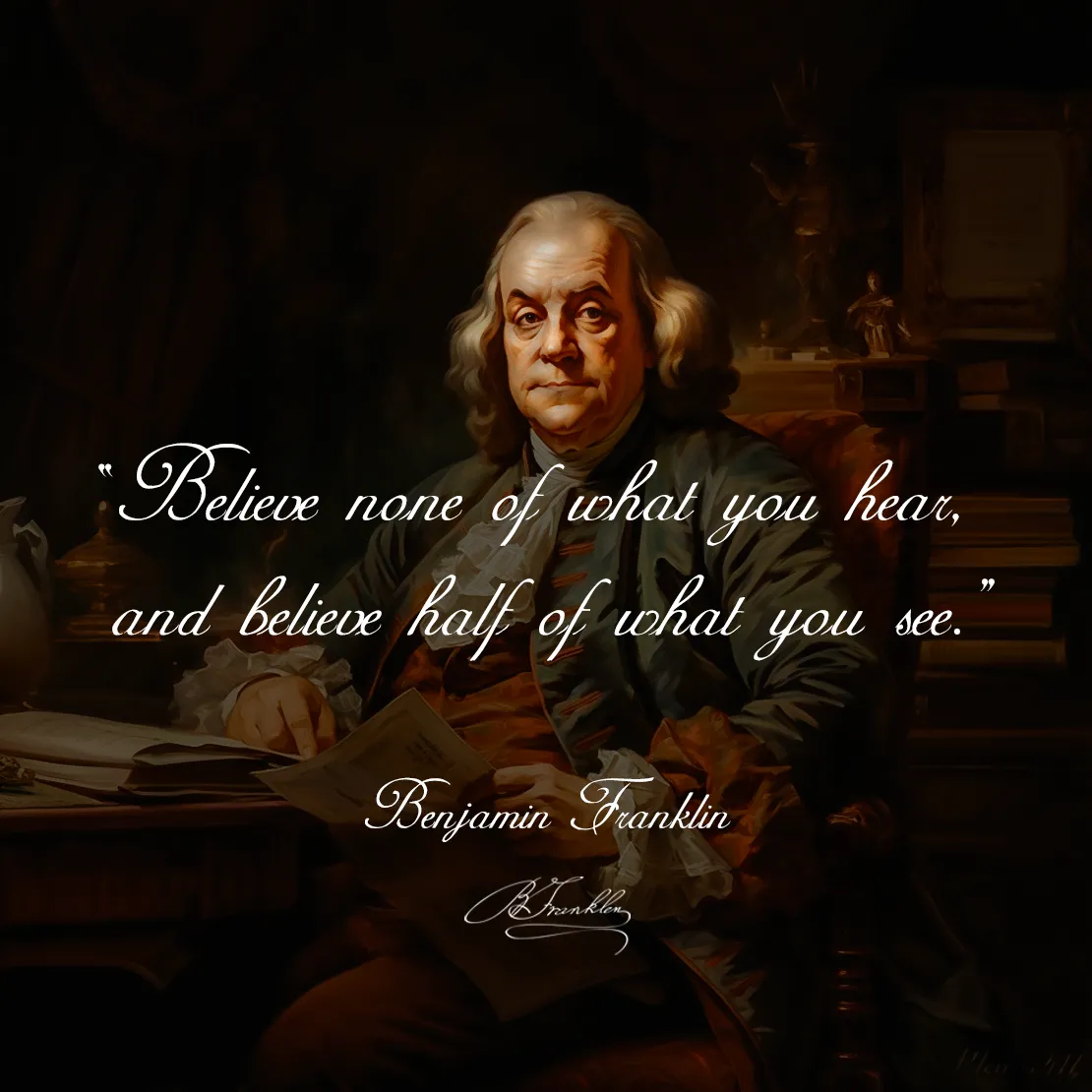Quote by Benjamin Franklin on Skepticism - Believe none of what you hear, and believe half of what you see.