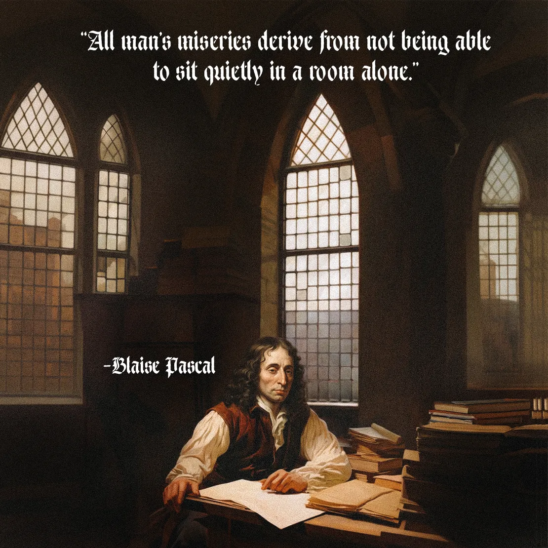 Quote by Blaise Pascal on Solitude - "All man's miseries derive from not being able to sit quietly in a room alone."