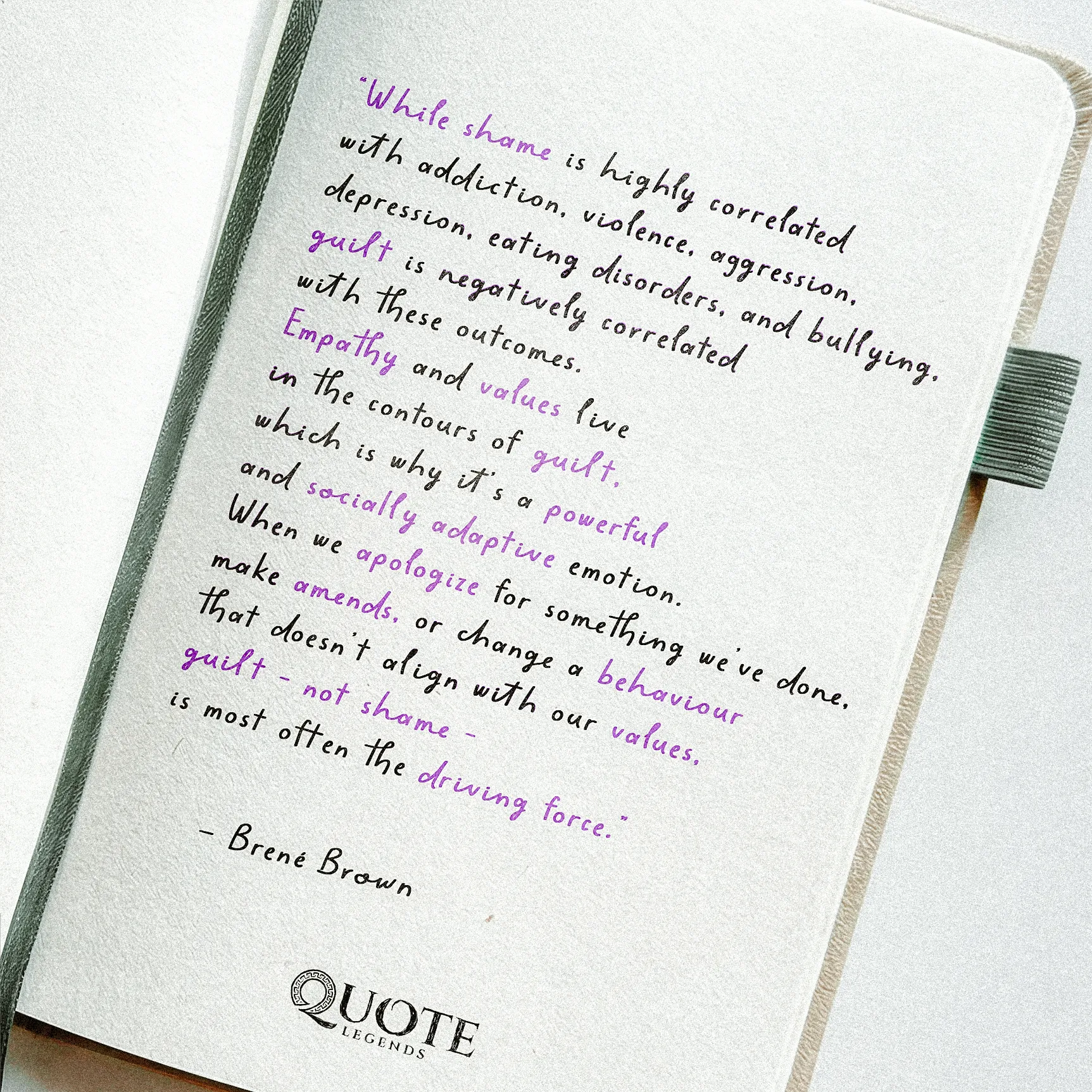 Quote by Brené Brown on Guilt - "Guilt is negatively correlated with addiction, violence, aggression, depression..."