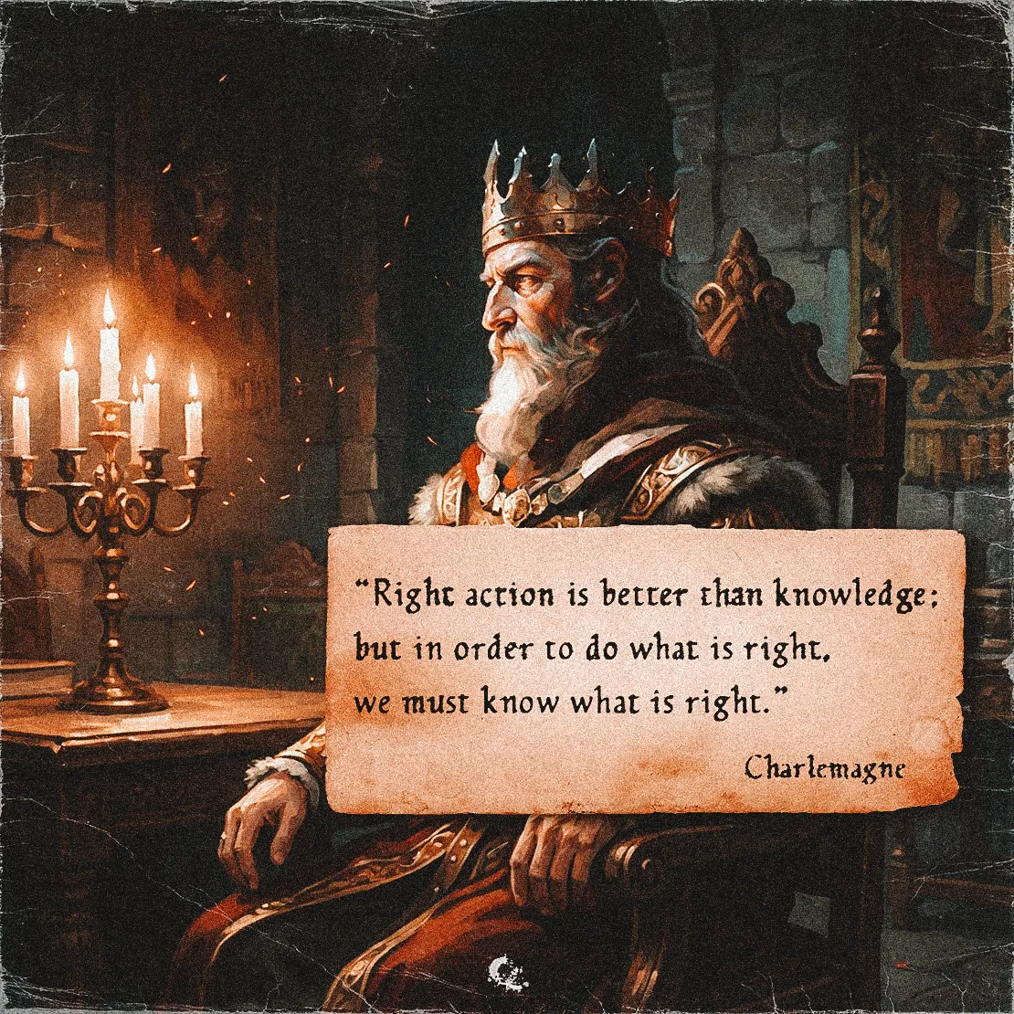 Quote by Charlemagne on Ethics - Right action is better than knowledge; but to do what is right, we must know.