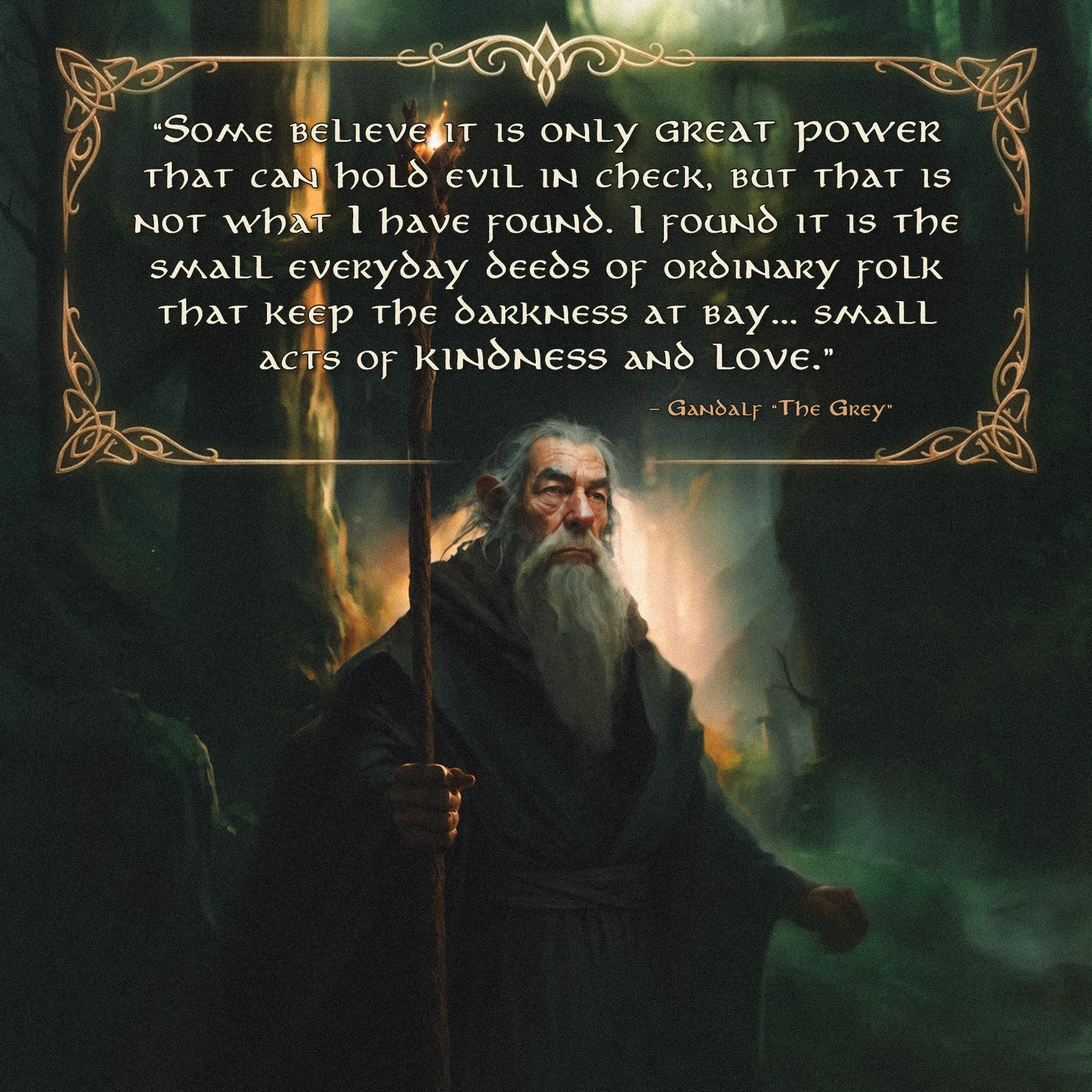 Quote by Gandalf on Love - "It is the small everyday deeds of ordinary folk that keep the darkness at bay…"